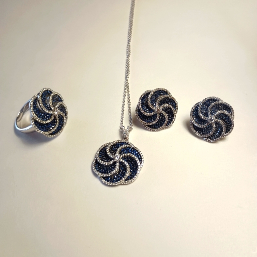 Blue Sapphire, Stirling Silver, and CZ Diamond Earrings, Ring, and Pendant